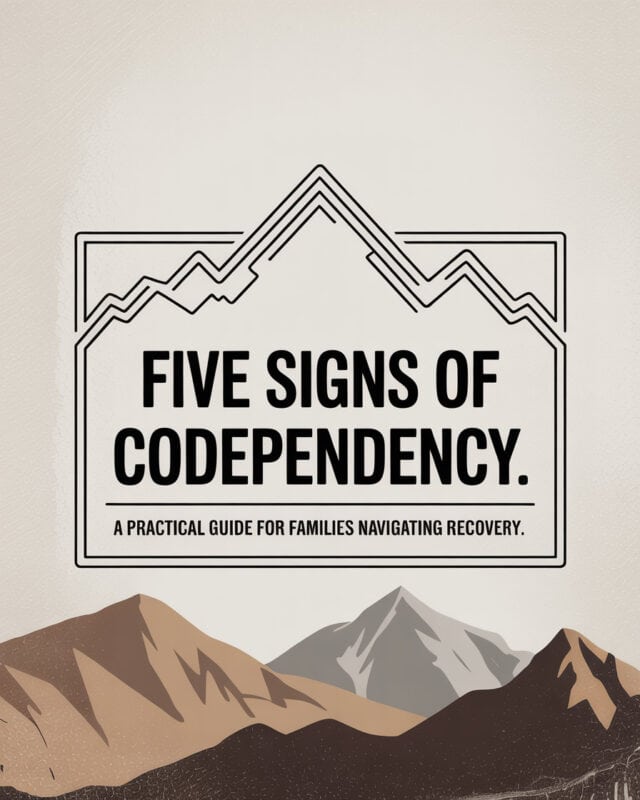 Illustrated book cover for “Five Signs of Codependency” featuring outlined mountain shapes, bold black typography, and a minimalist Colorado landscape in muted earth tones.