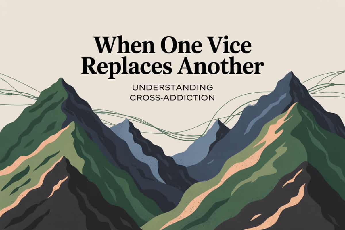 Colorado mountain graphic titled When One Vice Replaces Another Understanding Cross-Addiction, illustrating dopamine-driven addiction transfer in men.