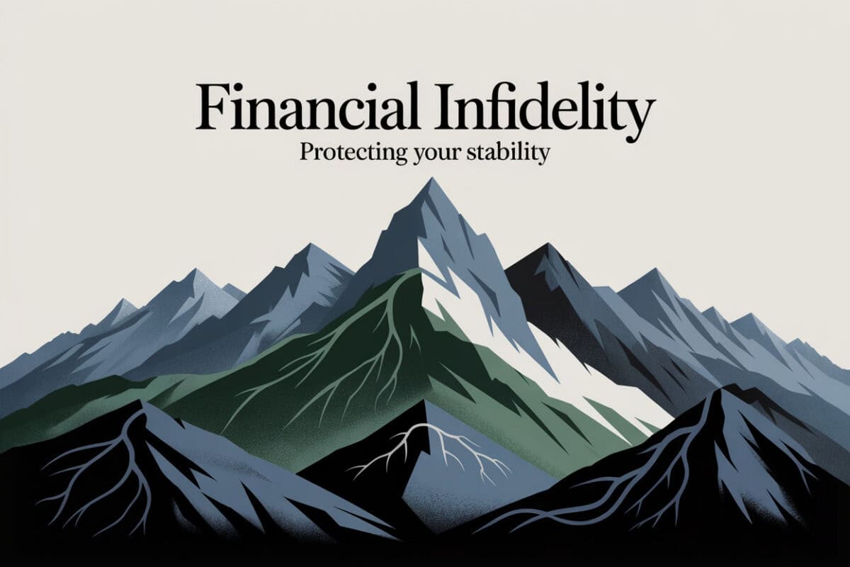 Colorado Rocky Mountain graphic titled Financial Infidelity Protecting Your Stability, symbolizing financial boundaries and accountability in gambling addiction recovery.