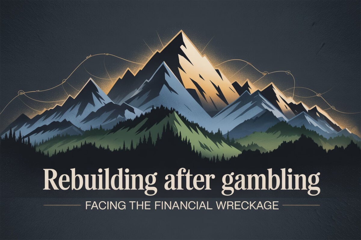 Colorado mountain landscape graphic titled Rebuilding After Gambling Facing the Financial Wreckage, symbolizing recovery, accountability, and rebuilding financial stability.