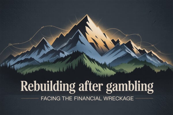 Colorado mountain landscape graphic titled Rebuilding After Gambling Facing the Financial Wreckage, symbolizing recovery, accountability, and rebuilding financial stability.
