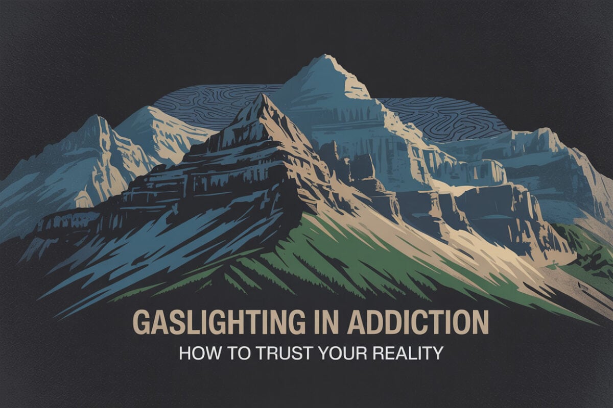 Colorado Rocky Mountain graphic titled Gaslighting in Addiction How to Trust Your Reality, symbolizing clarity and accountability in men’s addiction recovery.