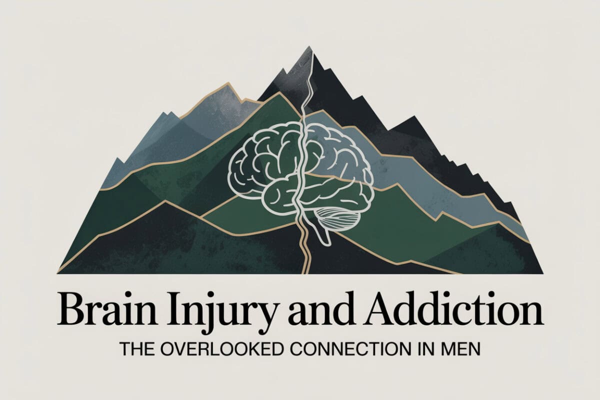 Colorado Rocky Mountain graphic titled Brain Injury and Addiction The Overlooked Connection in Men, representing TBI impact on impulse control and addiction risk.