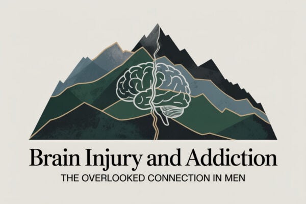 Colorado Rocky Mountain graphic titled Brain Injury and Addiction The Overlooked Connection in Men, representing TBI impact on impulse control and addiction risk.