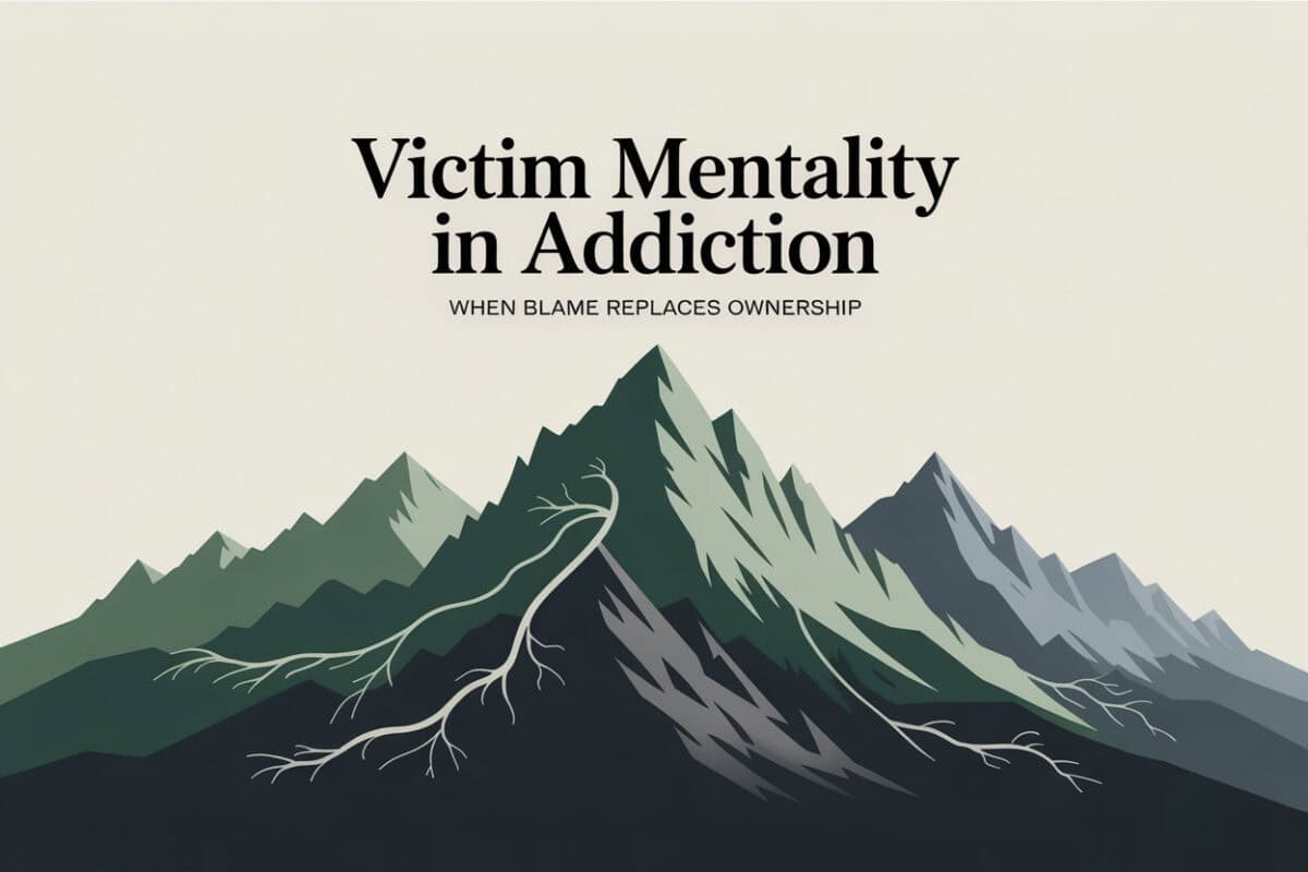 Colorado mountain graphic titled Victim Mentality in Addiction When Blame Replaces Ownership, symbolizing accountability and behavioral change in men’s recovery.