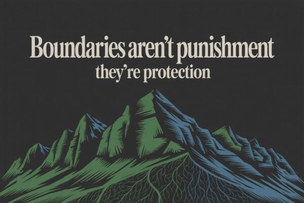 Colorado mountain landscape graphic titled Boundaries Aren’t Punishment They’re Protection, representing healthy limits and stability in addiction relationships.