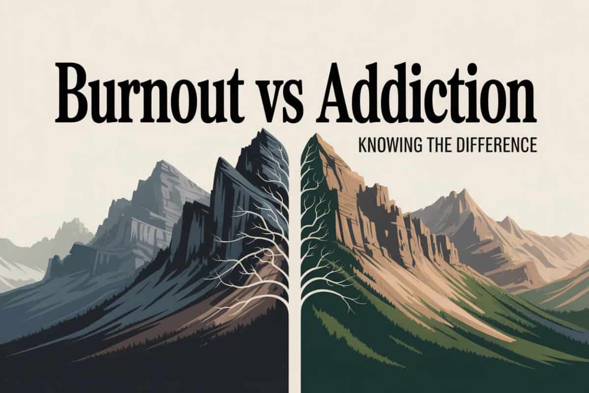 Colorado mountain landscape graphic titled Burnout vs Addiction Knowing the Difference, representing the contrast between stress exhaustion and dependency in men.