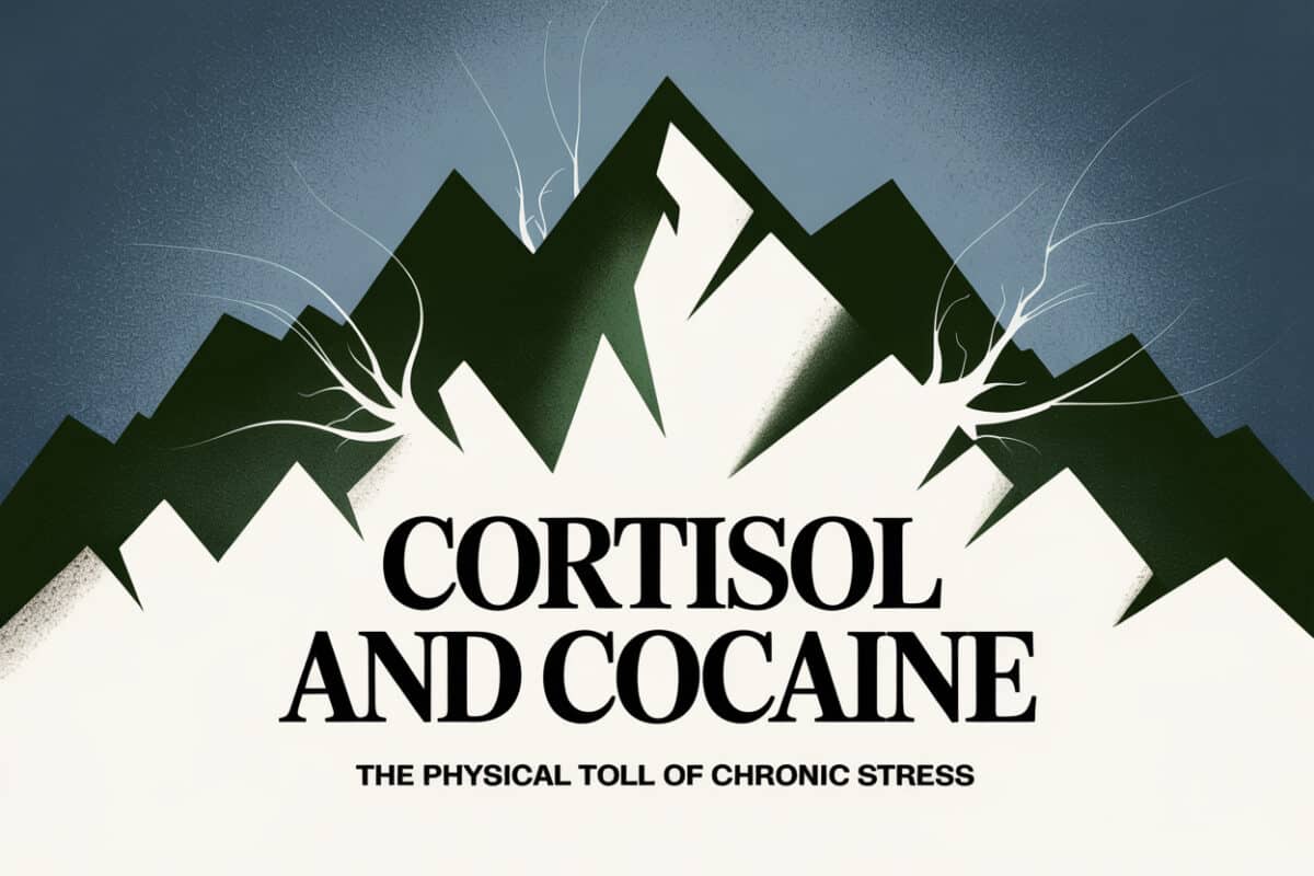 Colorado mountain landscape graphic titled Cortisol and Cocaine The Physical Toll of Chronic Stress, representing stimulant addiction and increased stress hormone impact on the body.