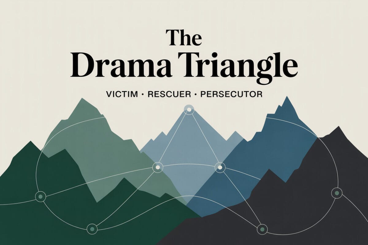 Colorado mountain landscape graphic titled The Drama Triangle Victim Rescuer Persecutor, representing relationship patterns and cycles in addiction.