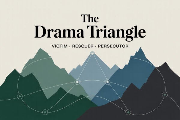 Colorado mountain landscape graphic titled The Drama Triangle Victim Rescuer Persecutor, representing relationship patterns and cycles in addiction.