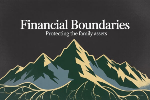 Colorado mountain landscape graphic titled Financial Boundaries Protecting the Family Assets, representing financial protection and stability in addiction recovery.