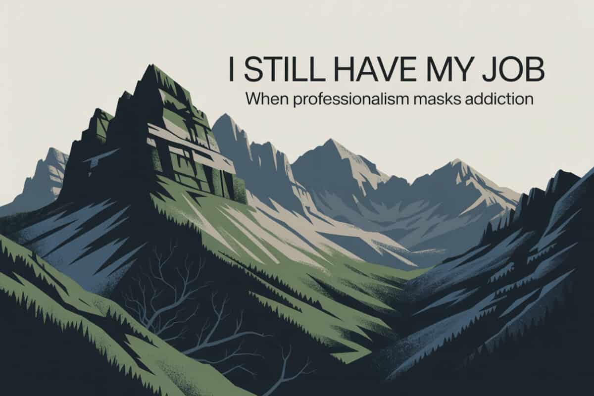 Colorado mountain landscape graphic titled I Still Have My Job When Professionalism Masks Addiction, representing high-functioning addiction and hidden denial in men.