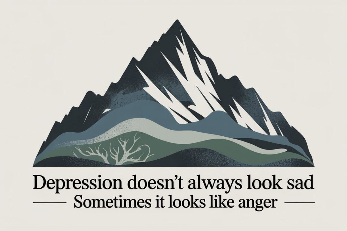 Colorado mountain landscape graphic titled Depression Doesn’t Always Look Sad Sometimes It Looks Like Anger, representing hidden depression symptoms in men.