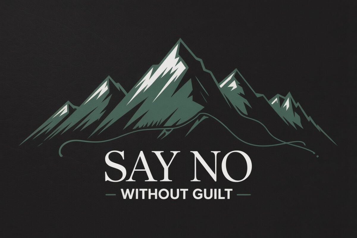 Colorado mountain landscape graphic titled Say No Without Guilt, representing clear boundaries and emotional strength in addiction relationships.