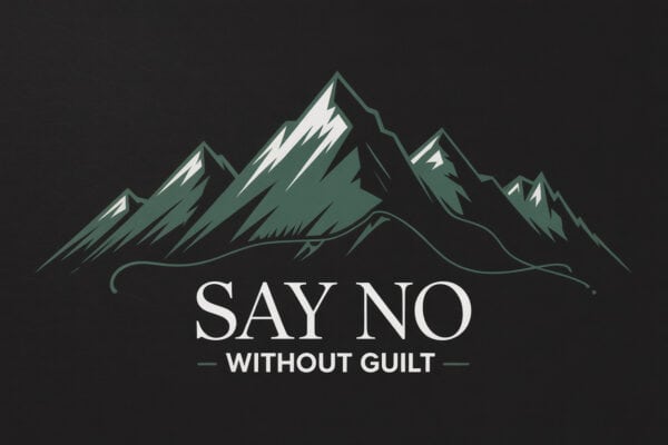 Colorado mountain landscape graphic titled Say No Without Guilt, representing clear boundaries and emotional strength in addiction relationships.
