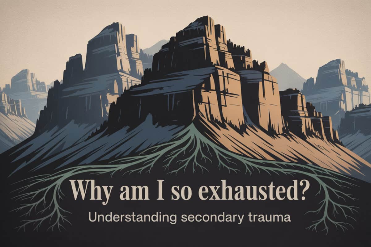 Colorado mountain landscape graphic titled Why Am I So Exhausted Understanding Secondary Trauma, representing emotional fatigue in spouses of individuals with addiction.