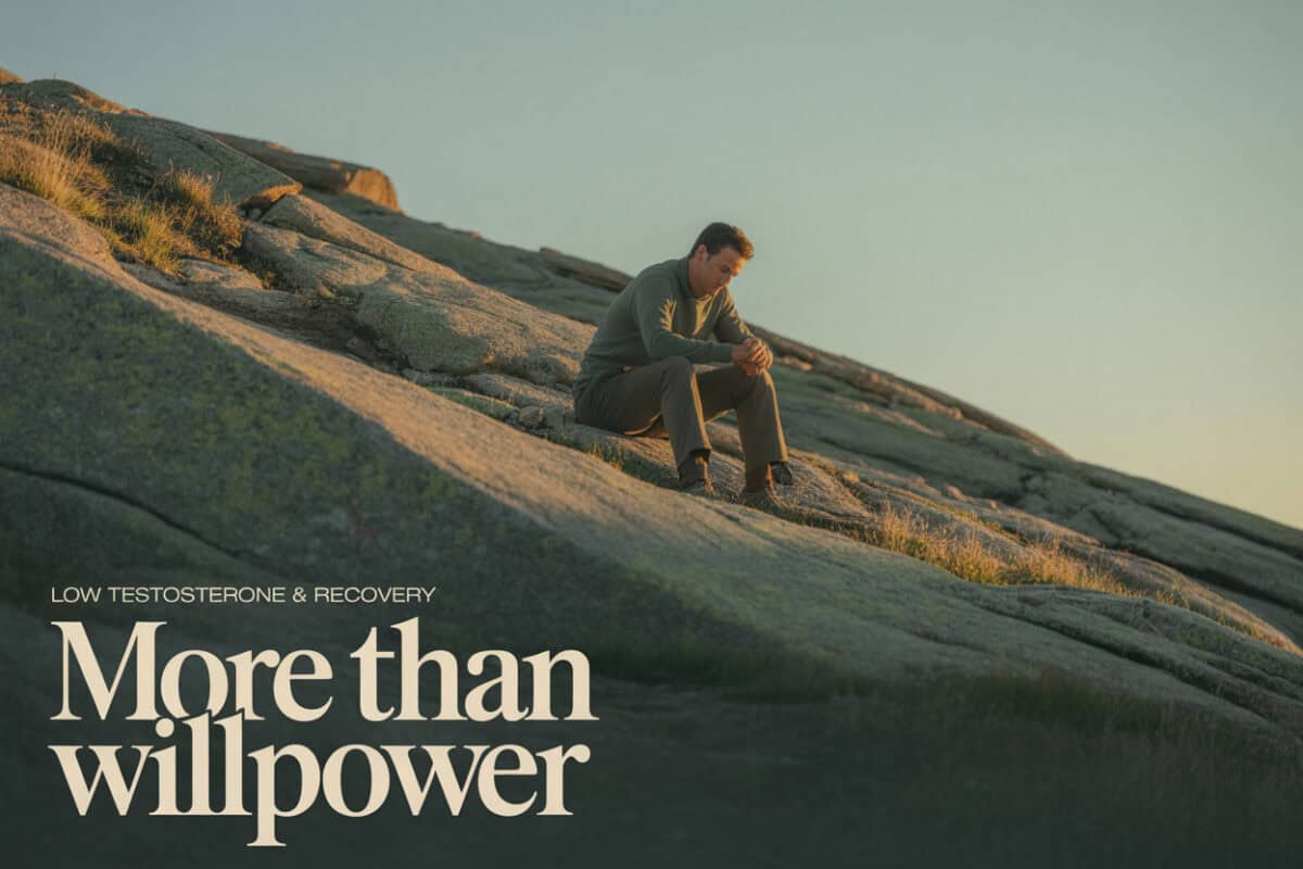 Man sitting on rocks during sunset, symbolizing men's recovery and resilience.