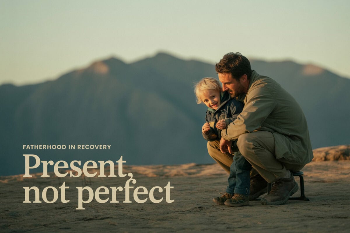 Father and young child outdoors during sunset, symbolizing recovery and fatherhood.