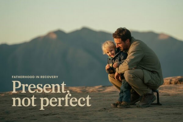 Father and young child outdoors during sunset, symbolizing recovery and fatherhood.