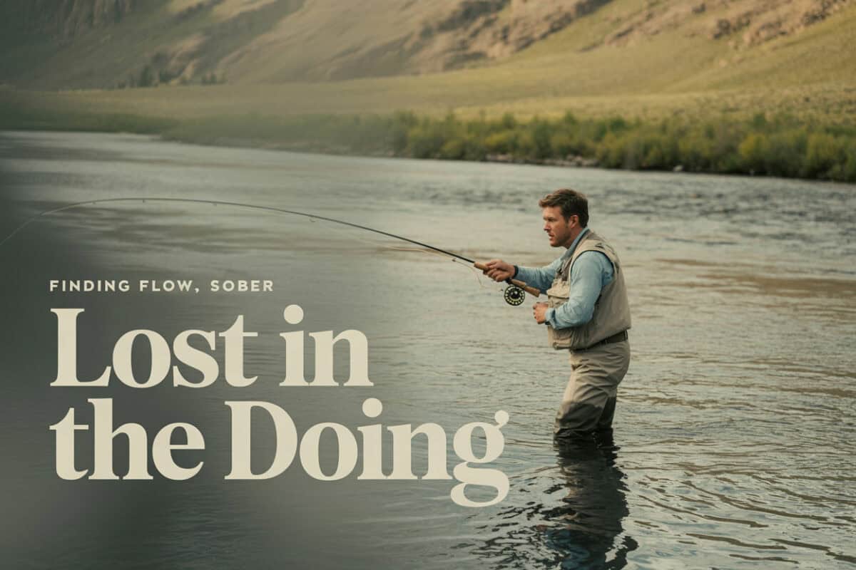 Man fishing in river promoting sobriety and recovery.
