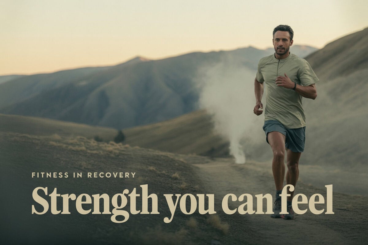 Man running in nature promoting strength and recovery for men.